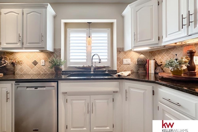7815 Maui Cir, Papillion, NE 68046 - kitchen with stainless steel dishwasher, a sink, white cabinets, and tasteful backsplash