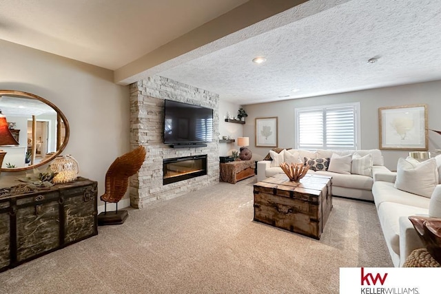 7815 Maui Cir, Papillion, NE 68046 - carpeted living area featuring a stone fireplace and a textured ceiling