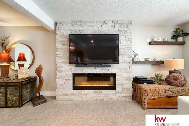 7815 Maui Cir, Papillion, NE 68046 - living area with carpet, a fireplace, and a textured ceiling