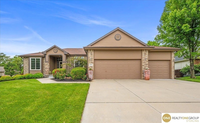 19882 Chicago St, Elkhorn, NE 68022 - view of front facade with concrete driveway, an attached garage, a front lawn, and brick siding
