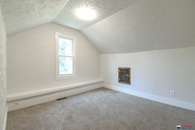 3021 N St, Lincoln, NE 68510 - bonus room with a textured ceiling, carpet floors, vaulted ceiling, a textured wall, and baseboards