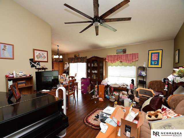 70 Switchgrass Ln, Bennet, NE 68317 - living room featuring wood finished floors, ceiling fan, and a chandelier