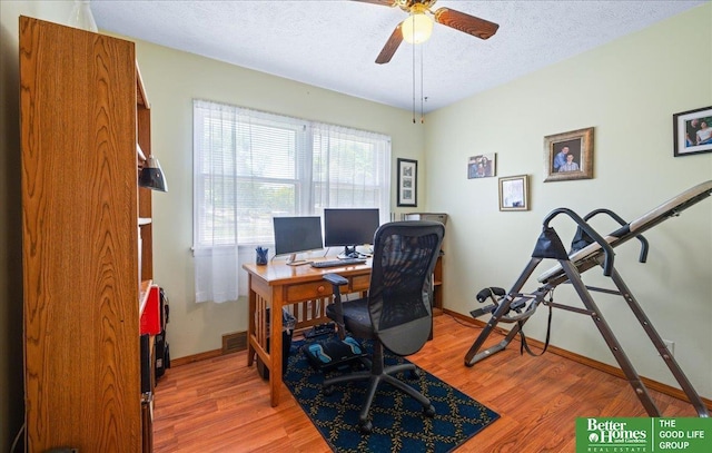 6070 Buckingham Ave, Omaha, NE 68117 - office featuring ceiling fan, light wood-style floors, a textured ceiling, and baseboards