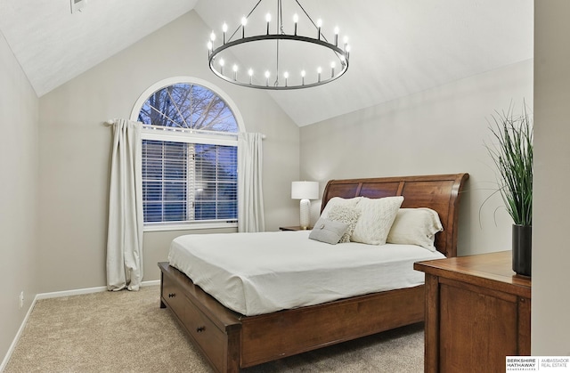 16712 V St, Omaha, NE 68135 - bedroom featuring a chandelier, light colored carpet, high vaulted ceiling, and baseboards