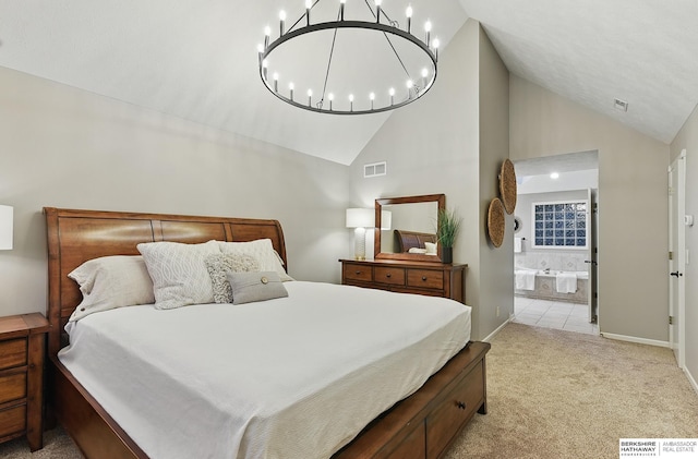 16712 V St, Omaha, NE 68135 - bedroom featuring lofted ceiling, light colored carpet, a chandelier, baseboards, and ensuite bath