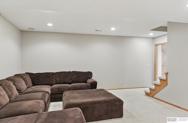 16712 V St, Omaha, NE 68135 - living room with carpet flooring, baseboards, recessed lighting, and stairs