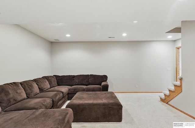 16712 V St, Omaha, NE 68135 - living room featuring carpet flooring, recessed lighting, baseboards, and stairs