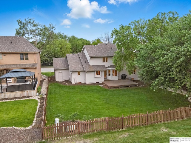 16712 V St, Omaha, NE 68135 - rear view of house featuring a gazebo, a deck, a shingled roof, and stucco siding
