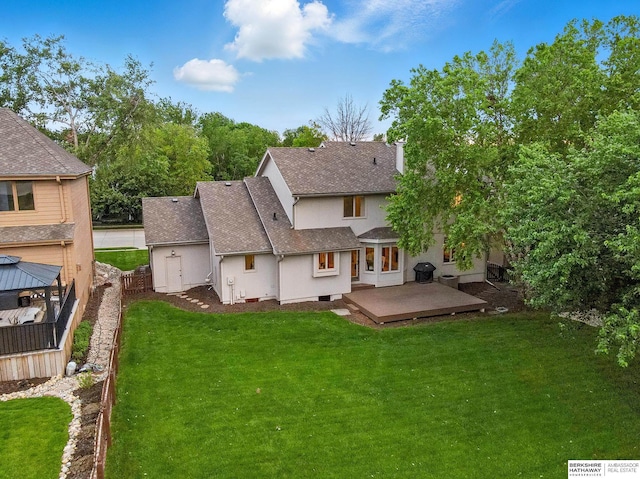 16712 V St, Omaha, NE 68135 - rear view of property featuring a shingled roof, a gazebo, a yard, a deck, and stucco siding