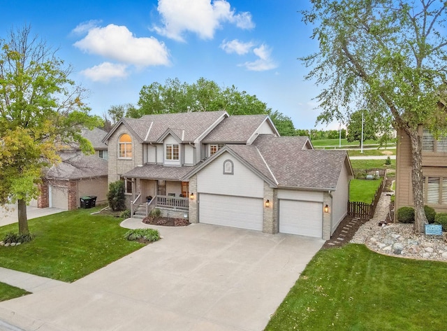 16712 V St, Omaha, NE 68135 - traditional home with covered porch, an attached garage, a front yard, concrete driveway, and a shingled roof