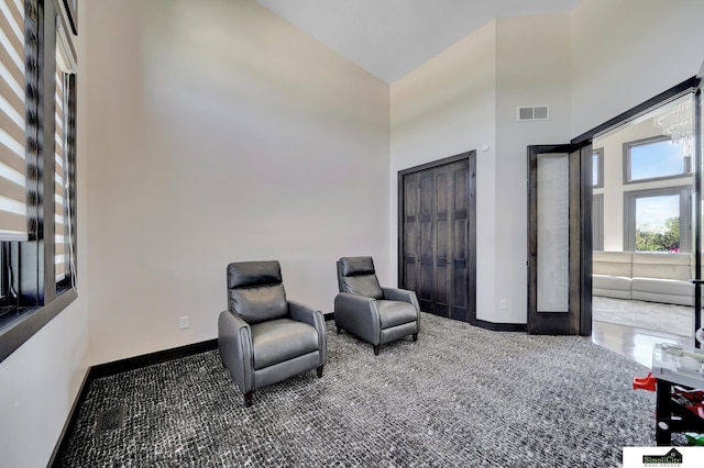 17380 S 77th Pt, Hickman, NE 68372 - living area with a towering ceiling, baseboards, and carpet