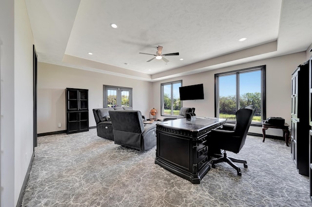 17380 S 77th Pt, Hickman, NE 68372 - office area featuring light carpet, a tray ceiling, ceiling fan, baseboards, and recessed lighting