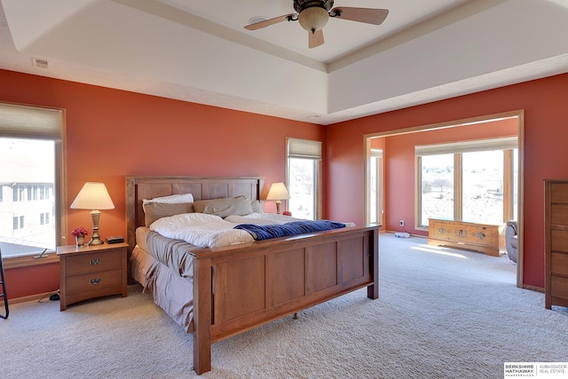 4804 Fountain Cir, Papillion, NE 68133 - bedroom with light colored carpet, a raised ceiling, baseboards, and ceiling fan