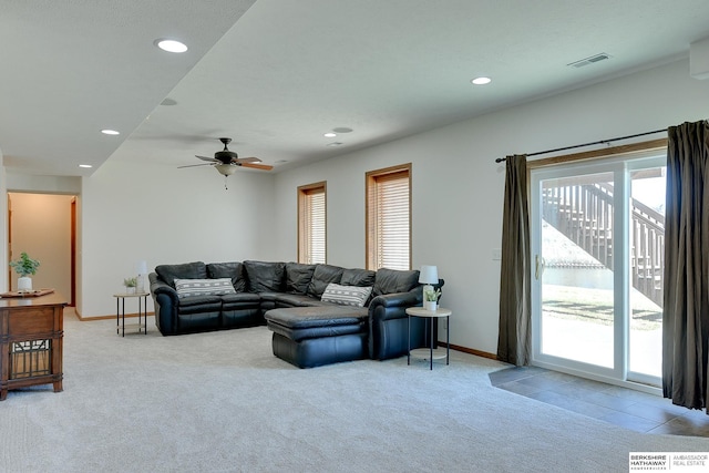 4804 Fountain Cir, Papillion, NE 68133 - living room featuring healthy amount of natural light, carpet flooring, recessed lighting, ceiling fan, and baseboards