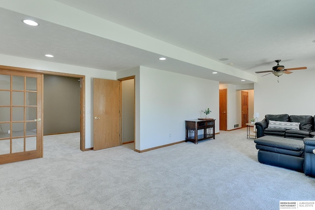 4804 Fountain Cir, Papillion, NE 68133 - living area featuring recessed lighting, light colored carpet, a ceiling fan, and baseboards