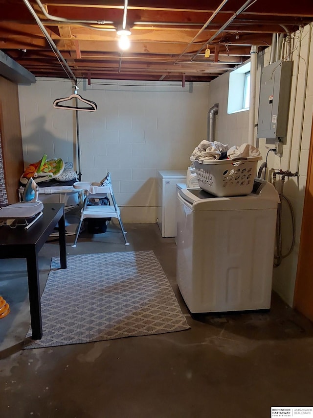 7027 S 39th Ave, Bellevue, NE 68147 - laundry room with electric panel, separate washer and dryer, and concrete block wall