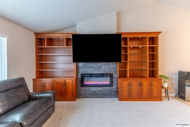 8111 S 198th St, Gretna, NE 68028 - living room with lofted ceiling, carpet, and a fireplace