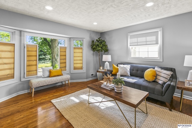 8207 Decatur St, Omaha, NE 68114 - living room with wood finished floors, baseboards, a textured ceiling, and recessed lighting
