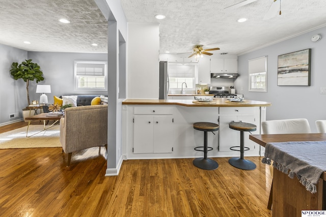 8207 Decatur St, Omaha, NE 68114 - kitchen with a ceiling fan, a sink, under cabinet range hood, a textured ceiling, and wood finished floors