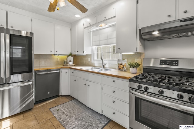 8207 Decatur St, Omaha, NE 68114 - kitchen with appliances with stainless steel finishes, under cabinet range hood, a sink, light countertops, and tasteful backsplash