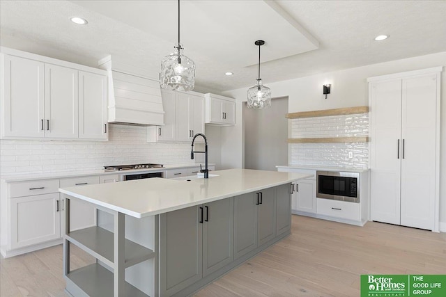 5729 N 196th St, Elkhorn, NE 68022 - kitchen with open shelves, a sink, tasteful backsplash, light wood-type flooring, and light countertops