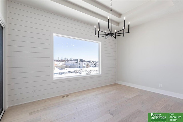 5729 N 196th St, Elkhorn, NE 68022 - unfurnished dining area with a chandelier, wood finished floors, baseboards, and wooden walls