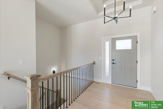 5729 N 196th St, Elkhorn, NE 68022 - entryway featuring wood finished floors, a chandelier, and baseboards