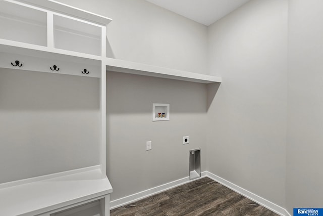 5948 Loxton St, Lincoln, NE 68526 - washroom featuring electric dryer hookup, dark wood-style flooring, hookup for a washing machine, and baseboards