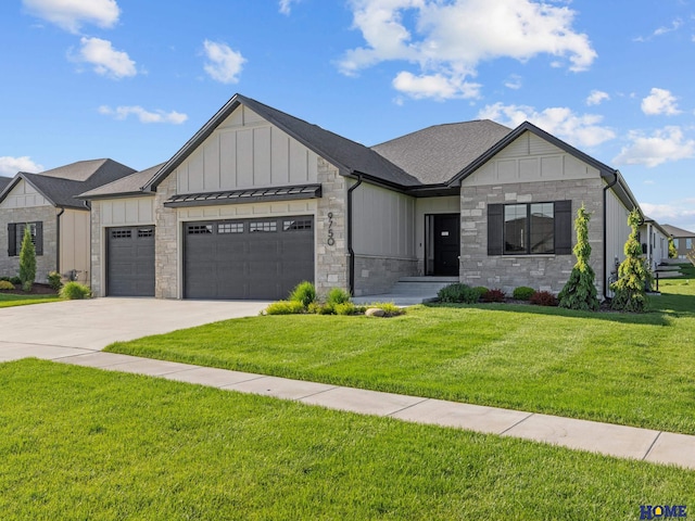 9750 Casa Galeano Ct, Lincoln, NE 68520 - view of front of house with a garage, stone siding, concrete driveway, and a front lawn