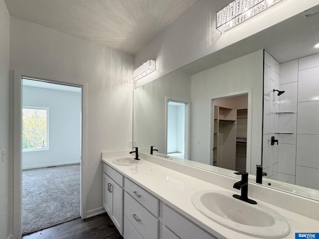 9434 Duckhorn Dr, Lincoln, NE 68526 - bathroom with wood finished floors, double vanity, a spacious closet, tiled shower, and baseboards