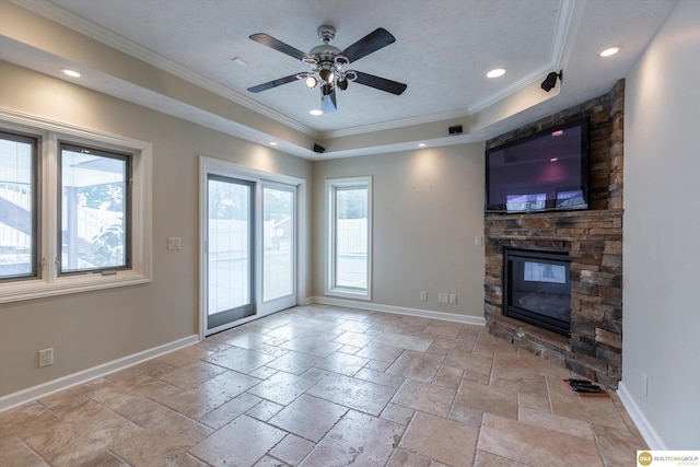 10919 N 69th St, Omaha, NE 68152 - unfurnished living room featuring ornamental molding, recessed lighting, a fireplace, ceiling fan, and baseboards