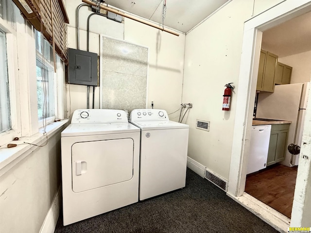 518 N 18th St, Nebraska City, NE 68410 - laundry area featuring electric panel, separate washer and dryer, baseboards, and dark colored carpet