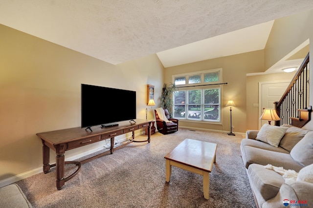 6609 Shenandoah Ct, Lincoln, NE 68510 - carpeted living room featuring lofted ceiling, baseboards, stairs, and a textured ceiling