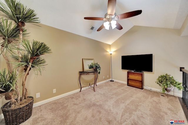 6609 Shenandoah Ct, Lincoln, NE 68510 - sitting room featuring ceiling fan, light colored carpet, vaulted ceiling, and baseboards