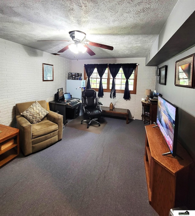5201 Danbury Ct, Lincoln, NE 68512 - office area with brick wall, carpet flooring, a textured ceiling, and ceiling fan