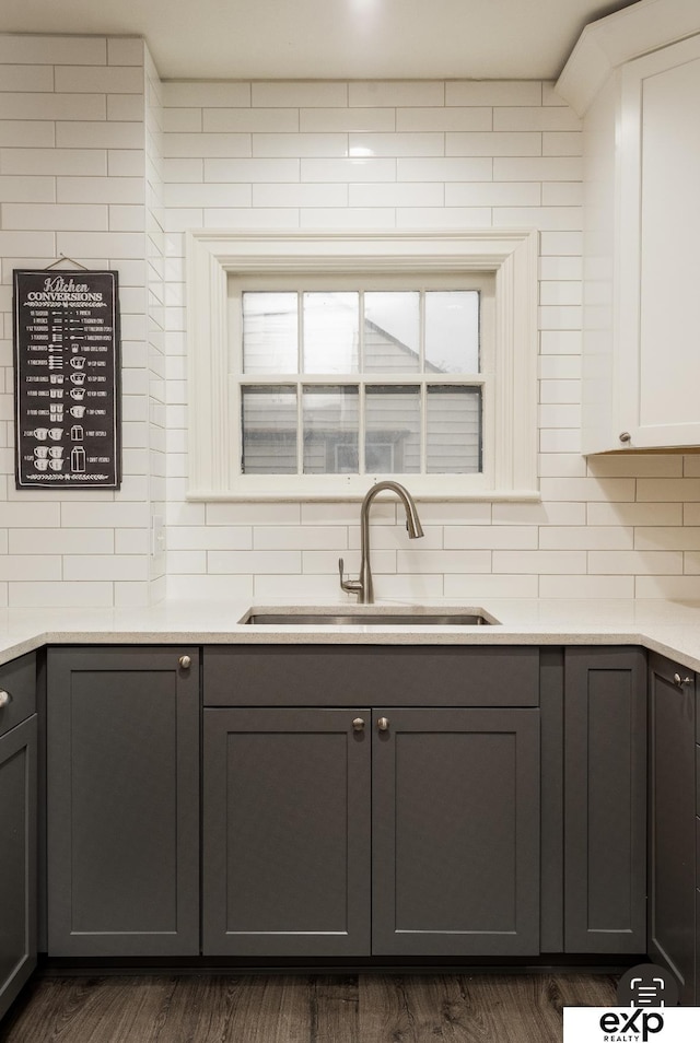 131 S 39th St Unit 6, Omaha, NE 68131 - kitchen featuring gray cabinetry, a sink, light countertops, and decorative backsplash