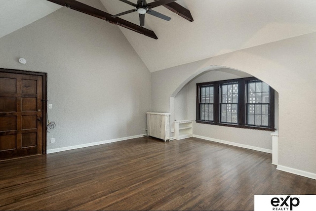 131 S 39th St Unit 6, Omaha, NE 68131 - bonus room featuring a ceiling fan, beamed ceiling, dark wood-style flooring, high vaulted ceiling, and arched walkways