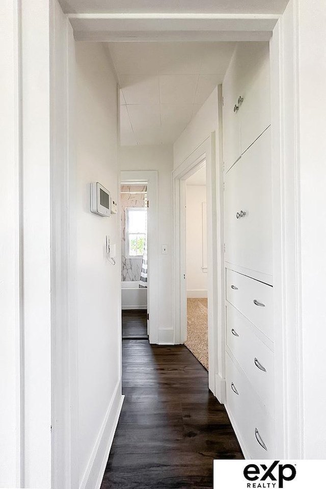 2626 N 67th St, Omaha, NE 68104 - hallway featuring dark wood-style floors and baseboards