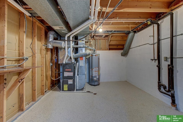 11680 Meredith Ave, Omaha, NE 68164 - unfinished basement with water heater, heating unit, and concrete block wall