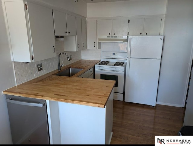 2515 3rd Street Plz, Omaha, NE 68108 - kitchen featuring a sink, white appliances, under cabinet range hood, and decorative backsplash