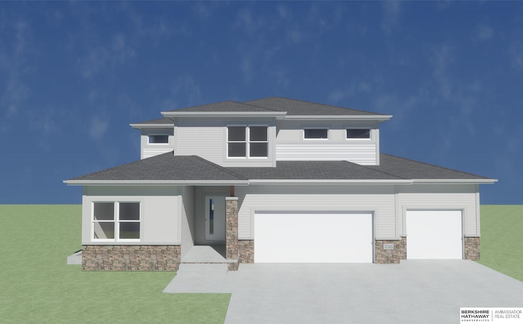 10411 Cimarron St, Papillion, NE 68046 - prairie-style house featuring stone siding, concrete driveway, an attached garage, a shingled roof, and a front yard