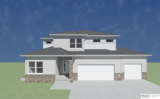 10411 Cimarron St, Papillion, NE 68046 - prairie-style house featuring stone siding, concrete driveway, an attached garage, a shingled roof, and a front yard
