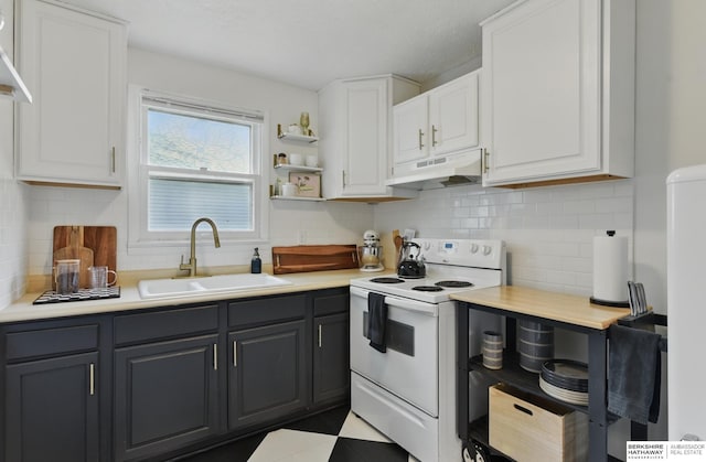 1409 S 17th St, Omaha, NE 68108 - kitchen featuring white electric range, a sink, under cabinet range hood, and white cabinets