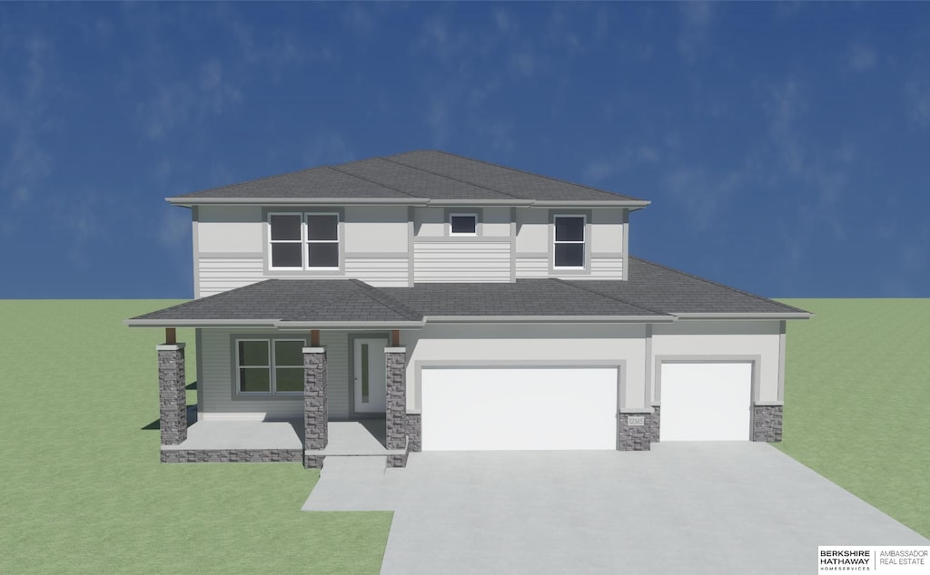 11007 S 104th Ave, Papillion, NE 68046 - view of front of house with driveway, a shingled roof, covered porch, an attached garage, and stone siding
