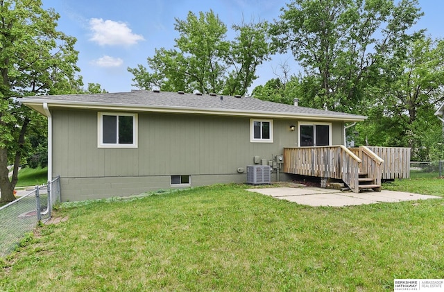 12956 Grand Ave, Omaha, NE 68164 - rear view of property with cooling unit, a wooden deck, a patio area, and a shingled roof
