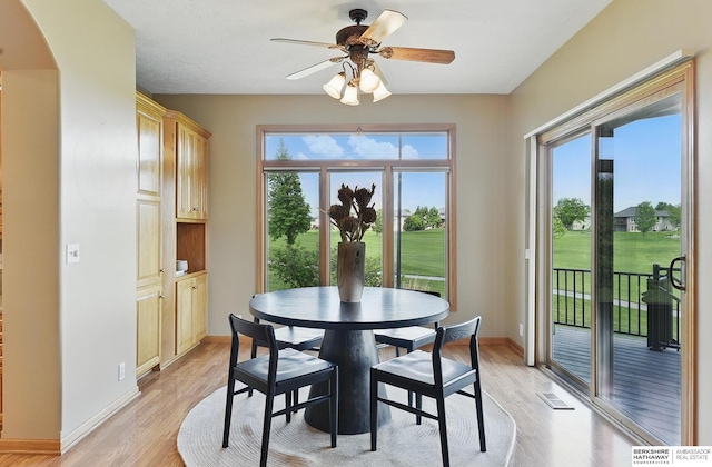 211 Longwood Dr, Papillion, NE 68133 - dining area with light wood finished floors, baseboards, ceiling fan, and arched walkways