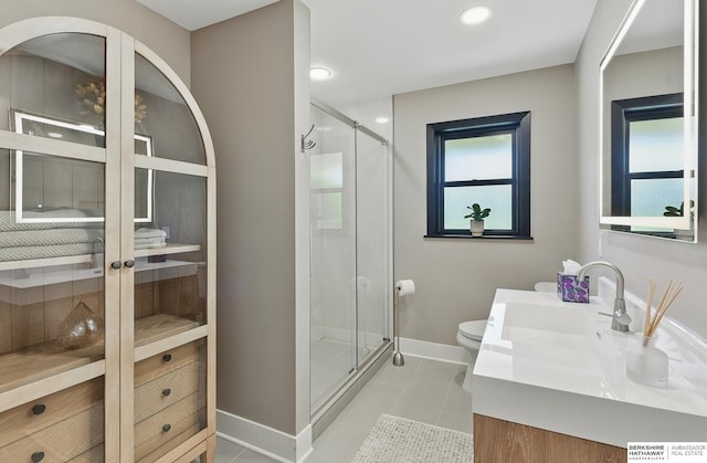 317 N 96th St, Omaha, NE 68114 - full bath featuring vanity, toilet, baseboards, a shower stall, and recessed lighting