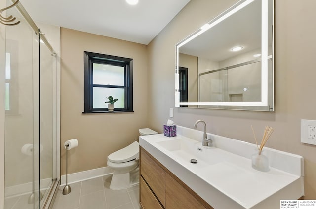 317 N 96th St, Omaha, NE 68114 - full bathroom with vanity, toilet, a stall shower, baseboards, and tile patterned flooring