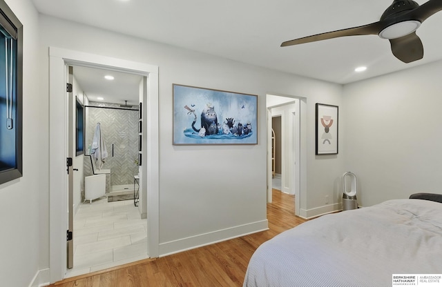 317 N 96th St, Omaha, NE 68114 - bedroom featuring wood finished floors, recessed lighting, baseboards, ensuite bathroom, and ceiling fan