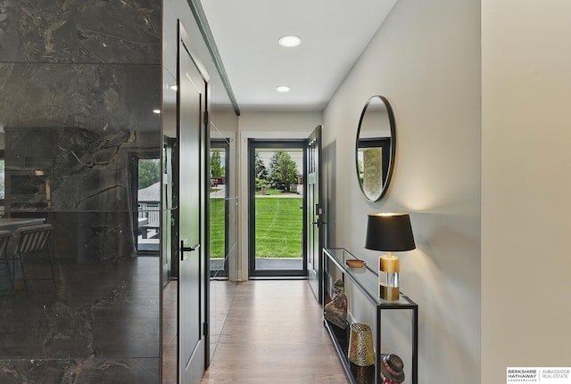 317 N 96th St, Omaha, NE 68114 - corridor with wood finished floors and recessed lighting